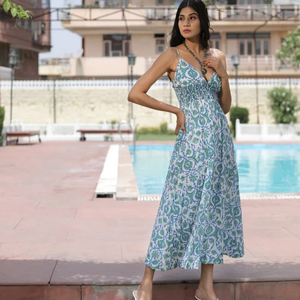 Elegante Vestido Maxi de Verano para Mujer con Estampado Floral Vintage, Vestido Natural Tejido sin Mangas de Algodón - Product Image 1