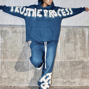 OEM Terry Embroidered Distressed Applique Logo Streetwear Vintage <b>Oversized</b> Two Piece <b>Jogger</b> Set Raw Hem Acid Wash Tracksuit Men - Product Image 3