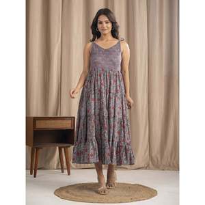 เดรสผ้าฝ้ายมัลมัลสีเทา สายผูกไหล่ พิมพ์ลายบล็อกด้วยมือ สไตล์ลำลอง เอวธรรมชาติ ระบายอากาศได้ดี - Product Image 5