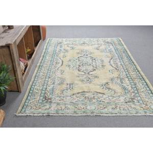 Vintage Turkish <b>Rug</b> 5.2 X 8.2ft Handmade Yellow Blue Patchwork Design Wool <b>Seagrass</b> Material with Latex Backing Style for Teens - Product Image 3