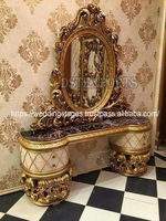 Coiffeuse de luxe moderne en teck massif sculpté avec miroir pliable finition dorée, ensemble de meubles de chambre à coucher 4 tiroirs, à poser au sol/mur