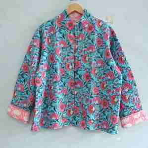 Veste d'hiver pour femme réversible en coton doublé, faite à la main, tissée, matelassée, écologique, avec boutons, imprimé floral en blocs, manches longues - Product Image 3