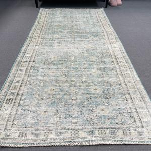 Alfombra Turca Vintage, Alfombra Decorativa de 3.2x7.1 pies (98x217 cm), Alfombra de Lana Azul Sólida - Product Image 2