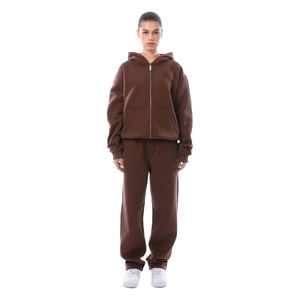 Ensemble survêtement en molleton unisexe personnalisé avec fermeture éclair marron foncé et pantalon de survêtement, deux pièces, vêtements de détente d'hiver, 100% coton - Product Image 4