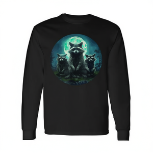 Camiseta de manga larga con diseño de 3 cabezas de mapache ladrando a la luna, producto promocional - Product Image 2