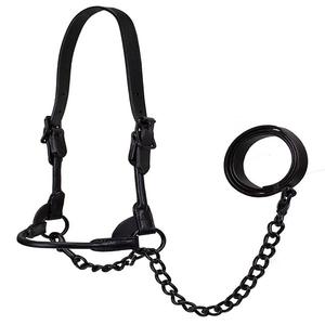 Noir Minuit Tout Noir Premium Rond Roulé En Cuir Bovin Show Halter Avec Chaîne Assortie Plomb pliant saisonnier intelligent - Product Image 6