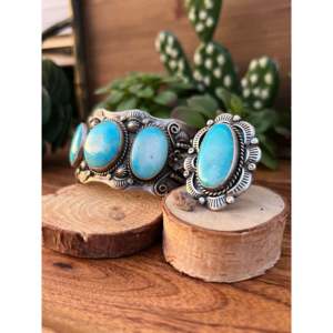 Navajo Fine Jewelry <b>Sets</b> Big Nugget Turquoise & Sterling Silver Cuff <b>Bracelet</b> & Ring Size 8 - Product Image 3