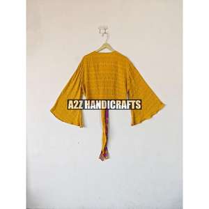 Top envolvente de seda pura con estampado Floral tejido para mujer, blusa corta de verano hecha a mano, manga larga con escote en V profundo, moda Vintage, talla libre - Product Image 3