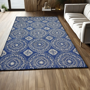 Tapis d'intérieur moderne à motifs de médaillons, fait main, bleu, pour salon - Product Image 1