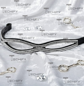 Diadema Premium Curva de Cristal para Caballos, Cuero Negro, Doble Hilera de Diamantes de Imitación, Cómoda, Duradera, Color Personalizable, Arnés - Product Image 2