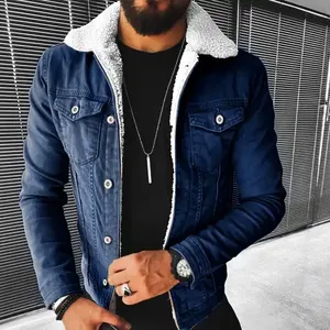 Giacca di lana <span class=keywords><strong>cappotto</strong></span> di montone Giacca di jeans da <span class=keywords><strong>uomo</strong></span> con distintivo di pelliccia Bomber in tessuto di jeans sottile girocollo stampato in maglia formale - Product Image 6