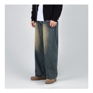 Pantalones vaqueros de pierna ancha lavados Vintage para hombre, ropa de mezclilla con abertura lateral K-Fashion, 2 colores, informal, cómodo, holgado, traje de moda - Product Image 3