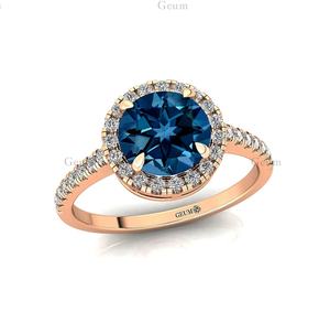 แหวนแต่งงานบุษราคัมแท้สีฟ้าเข้ม14K 18K แหวนเพชรธรรมชาติทรงกลมตัดเป็นชิ้นเดียว - Product Image 6