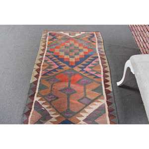 พรมวินเทจตุรกี, พรมคิลิมขนาด 2.9x8.7 ฟุต, พรมขนสัตว์ลายพรางสีน้ำเงินส้ม - Product Image 4