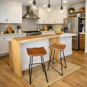 Juego de Mesa de Bar de Madera Maciza de Suar, Sillas con Borde Natural, Asiento con Borde Natural, Patas de Hierro Negro, Estilo Moderno y Ecológico para el Hogar, Bar, Hotel, Cocina - Product Image 2