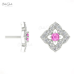 Boucles d'oreilles Femme Mode 2025 Saphir Rose Halo Diamant Stud Or Massif 14k Rond 2mm Gemstone Floral Studs Direct Factory Price - Product Image 4