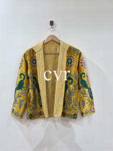 Manteau en velours jaune brodé à col mandarin, manches longues, motif floral fait main, vêtement d'extérieur pour femme adulte, style automne - Product Image 3