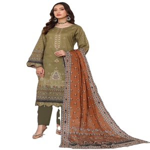Costumes de pelouse 3 pièces pour femmes Dr Haris Brand's Collection cousue en vente complète robe longue indienne pakistanaise pour les fêtes Volume - Product Image 1
