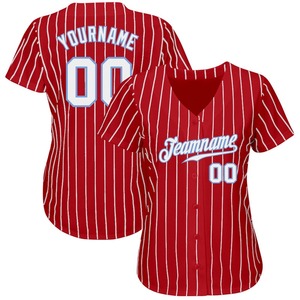 Vêtements de sport imprimés de maillot de baseball à fines rayures rouge et blanc personnalisé authentique avec schéma de couleurs blanc-bleu clair - Product Image 2