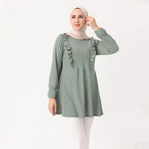 Blusa musulmana plisada de Turquía para mujer, Túnica elegante de manga larga con cuello redondo, camisas, Tops, blusa - Product Image 5