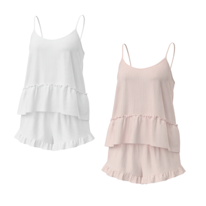 Ribbed Knit Woven Ruffle Hem Camisole Shorts Set Women Trendy <b>Pajama</b> Sleepwear Lounge Front Logo OEM Factory Direct - Product Image 1