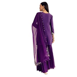 ชุดสูทลายเกลียวผ้าโปร่งทำจากผ้าไหมโดลาสีม่วงพร้อมชุดเทศกาลสุดหรูสำหรับสุภาพสตรี - Product Image 3