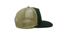 Casquette de camionneur à visière plate avec patch tissé en tissu olive et filet beige, casquette de sport personnalisée pour les marques et les entreprises