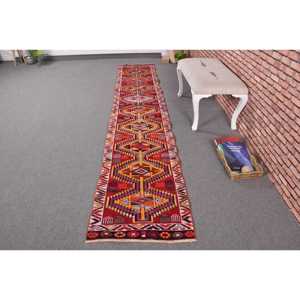 Vintage Turkish Herki <b>Red</b> <b>Wool</b> Rug Patchwork Design Eco-Friendly Latex Backing 2.1x11.3 ft (65x343 Cm) - Product Image 1