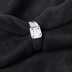 NOVAMART Fine Buy Premium 925 Sterling <b>Silver</b> <b>Rings</b> <b>Men</b> Asscher Cut Diamond for Zirconia Geometric Pattern Rhodium Plated Settin - Product Image 2