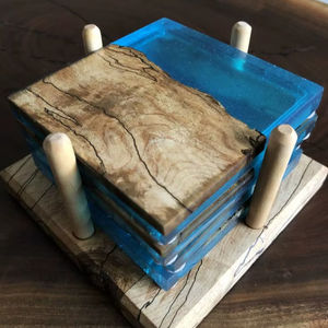 Luxury <b>Blue</b> Ocean Epoxy Resin Wood <b>Coaster</b> Set With Holder Handmade Drink Mats For Home Bar Kitchen Office Table Decor Gift Pads - Product Image 1