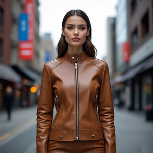 Chaqueta con cremallera de diamantes de imitación personalizada para mujer, ropa de calle de cuero genuino | Chaquetas de piel de oveja para mujer - Product Image 5