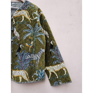 Chaqueta Reversible de Algodón y Terciopelo Indio Hecha a Mano, Ecológica, para Mujer, Acolchada, con Estampado de Jungla, Forro de Lino Acogedor, Duradera - Product Image 3