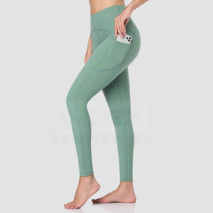 Leggings de Yoga de Cintura Alta y Largo Completo, Color Verde Sólido, Spandex y Nailon, Pantalones Elásticos con Bolsillos, Diseño con Costuras en Contraste - Product Image 2