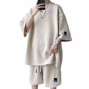 Streetwear chemise et short ensemble pour hommes coton deux pièces correspondant tenue High Street Style surdimensionné usine en gros en vrac - Product Image 1