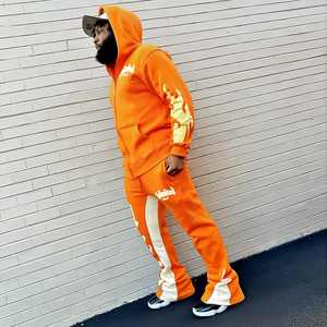 2025 Streetwear Washed Sweat Suit Cremallera Sudaderas con capucha Conjunto de chándal Estampado personalizado Lavado ácido Distress Pantalones de chándal acampanados y conjunto de Sudadera con capucha - Product Image 2