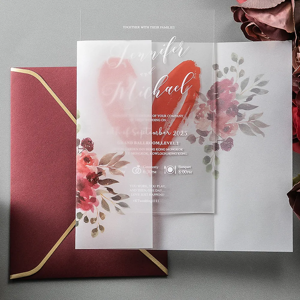 Enveloppe d'invitations de mariage en acrylique rouge, 5x7 pouces, impression de Banquet de mariage de luxe, sceau de cire auto-scellant, Invitations en acrylique