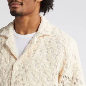 Men's Summer Crochet Knit Resortwear <b>Short</b> <b>Sleeve</b> Shirt & <b>Shorts</b> Set Camp Collar <b>with</b> Textured Front Logo Striped Pattern - Product Image 4