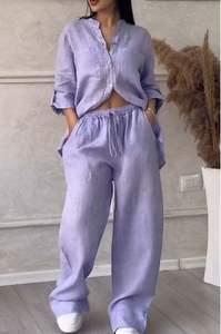 Ensemble décontracté femme 2026 : Haut tricoté sans col à manches courtes couleur unie et pantalon large à cordon de serrage au-dessus du genou - Product Image 2