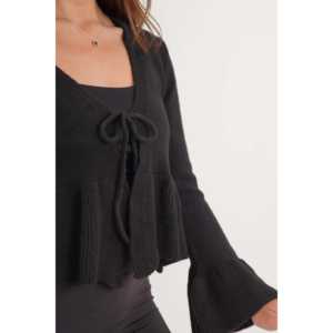 Cárdigan Negro para Mujer al por Mayor con Detalle de Volantes y Lazo Frontal - Product Image 1