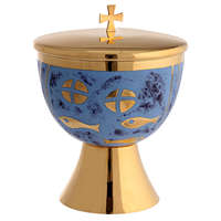 Ensemble Calice et Patène en Laiton, Émaillé Motif Poisson, Style Moderne Antique, Fait Main, pour Cérémonies Religieuses et Culte à l'Autel d'Église