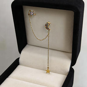 Pendientes de Cadena Larga con Estrella y Luna en Acero Inoxidable, Baño de Oro Vintage, con Circonitas de Colores, para Mujer, Regalo de Moda - Product Image 4