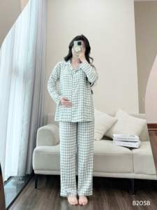 Traje de maternidad de lino a cuadros fresco B205B absorbente de sudor para mujeres embarazadas precio al por mayor - Product Image 4