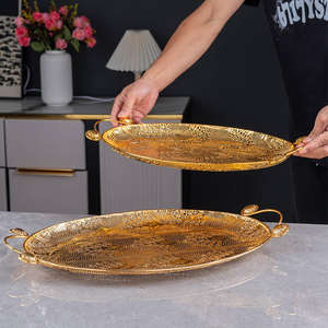 Luxury <b>Gold</b> Metal Decorative <b>Serving</b> <b>Tray</b> with Handles for Dining Table Coffee Bar Home Decor Gift Hotel Restaurant Premium Set - Product Image 2