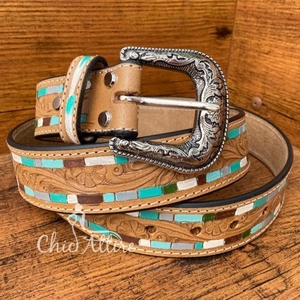 เข็มขัดลายดอกไม้ทำด้วยมือสำหรับผู้ชายและผู้หญิงเข็มขัดหนังวัวแท้แบบปรับได้ - Product Image 1