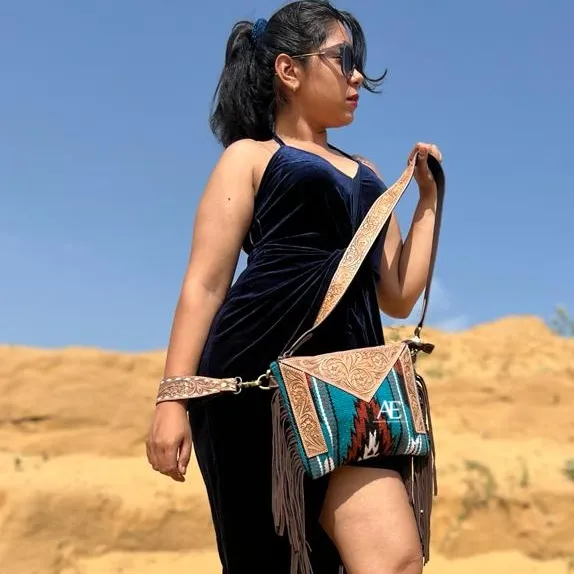 Tas tangan pinggiran tote tangan baru tas tangan kain Jacquard warna biru selempang Bohemian Aztec tas tangan bergaya untuk wanita