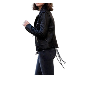 เสื้อแจ็คเก็ตหนังแท้ทรงสลิมฟิตสีดำสำหรับผู้หญิง สไตล์ไบค์เกอร์สุดเท่ - Product Image 2