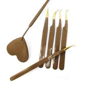 Pinzas de extensión de pestañas con logotipo personalizado, herramientas de extensión de pestañas con punta dentada de acero inoxidable ligero recubierto de Color marrón - Product Image 6