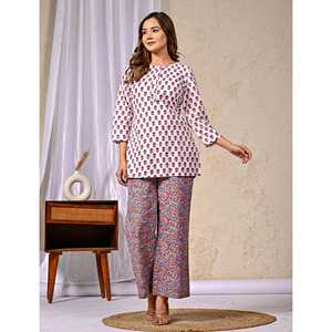 Ensemble coordonné en coton blanc pour femmes, haut à manches trois-quarts imprimé Butti avec boutons, tenue assortie deux pièces pour l'été - Product Image 4