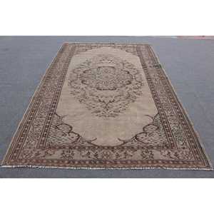 Turkish Large Rug 6x9.3 ft (184x284 cm), Vintage <b>Brown</b> Bordered <b>Wool</b> Rug - Product Image 1
