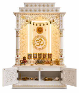 Mandir de Pooja de Madera de Teca Moderno y Personalizado, con Om y Chakra, Duradero, Hecho a Mano, Templo para el Hogar, Almacenamiento, Muebles Personalizados para el Hogar, India - Product Image 5